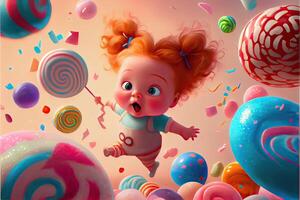 illustration of cute baby character and a lot of lollipops flying around, background confectionery photo