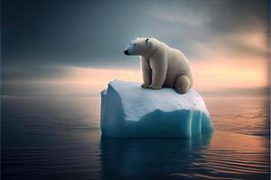 illustration of lonely white bear on iceberg, aurora sky photo