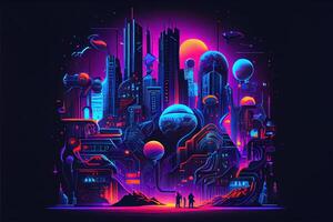 illustration of Future city, surreal neon fantasy abstract in infographic style. Neural network generated art. Digitally generated image. Not based on any actual scene or pattern photo