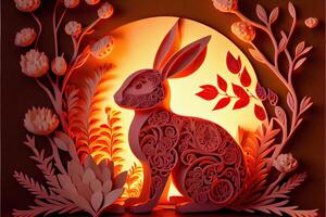 illustration of Paper cut craft, quilling multi dimensional Chinese style, cute zodiac bunny rabbit with lanterns in background, chinese new year. 3d paper illustration style. photo