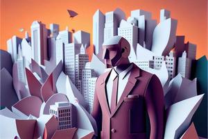 Business man in the city background, colorful. Business handshaking, successful concept. Paper cut craft, 3d paper illustration style. Neural network generated art. photo