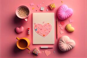 illustration of Valentine frame and banner. Red decoration. flat lay, romantic. Love and valentine day concept. Neural network generated art. Digitally generated image. photo