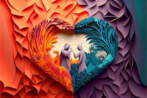 generativo ai ilustración de origami enamorado día fondo, contento pareja, vistoso. papel cortar artesanía, 3d papel estilo. neural red generado Arte. digitalmente generado imagen foto