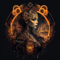 illustration of cyberpunk Zodiac sign with a industrial smoke, mechanic detail on shoulders, pollution, centered inside intricate gold and fire circle of city and Skyscrapers, steam punk photo