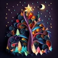 illustration of photo paper cut quilling multidimensional paper cut, craft paper illustration, christmas tree and colored lights vine stars, pop color. Neural network generated art.