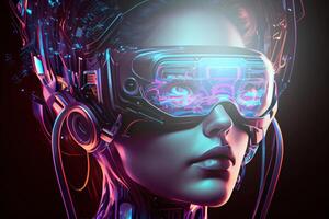 illustration of Metaverse concept and virtual world elements. Side view of human face in augmented or virtual reality headset inside the metaverse photo