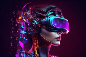 illustration of Metaverse concept and virtual world elements. Side view of human face in augmented or virtual reality headset inside the metaverse photo