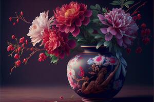 illustration of flowers concept art. Chinese digital art, style and background. Retro texture. Close focus. photo