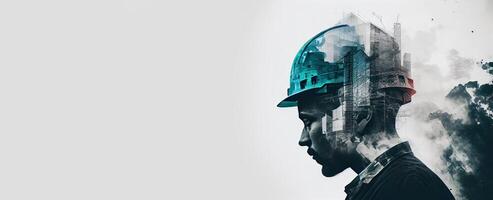 illustration of building construction engineering project devotion with double exposure design in head. Industrial and architecture. Neural network generated art. photo