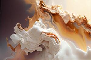 illustration of abstract fluid composing waves of varying sizes and colors is divided into layers, taupe, ivory, white, beige, and soft gold colors, gold glitter photo