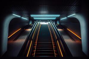 illustration of underground escalator with neon illumination, dynamic lights, upward movement, stairs photo