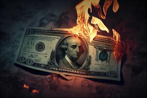 illustration of the metaphorical concept of loss and waste through the image of burning money photo