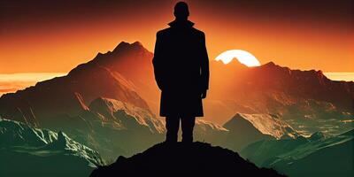illustration of a lonely business man on top of the mountain photo