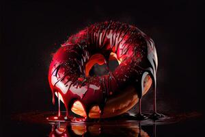 illustration of oil splatters, giant glistening doughnut, dark red candy apple, over top and dripping down sides, floating in black back drop. Digitally generated image photo