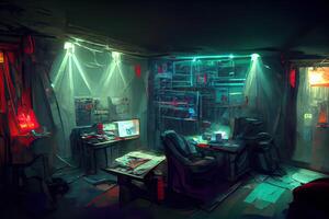 illustration of messy and dark cyberpunk hacker hideout room with lights photo