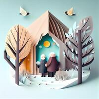 illustration of origami winter background, joyful elderly, colorful. Paper cut craft, 3d paper illustration style. Neural network generated art. photo