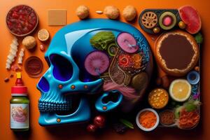 el anatomía de un Zoombie cabeza hecho de basura comida foto