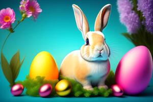 Easter bunny with flowers and easter eggs on wooden background. photo