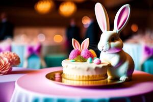 Pascua de Resurrección pastel con conejito y huevos en el mesa. superficial profundidad de campo foto