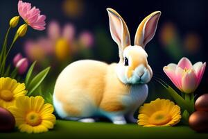 Easter bunny with flowers and easter eggs on wooden background. photo