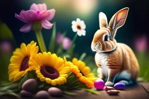 Easter bunny with flowers and easter eggs on wooden background. photo