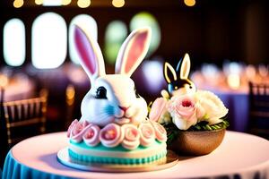 Easter cake with bunnies and flowers on the table. photo