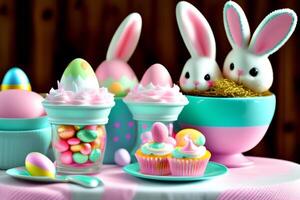 Easter eggs and cupcakes with bunny ears. 3d illustration photo