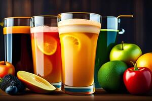 Fruit juice in glasses on wooden background. 3d illustration. photo