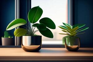 verde planta en florero en de madera mesa con negro pared antecedentes foto