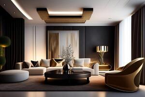 Interior of modern living room with black and gold walls, wooden floor, golden armchairs and round coffee table with gold accessories. 3d rendering photo
