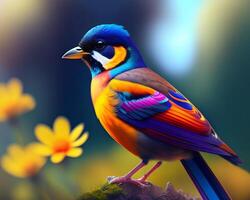 Colorful bird on a background of nature. 3d illustration. photo