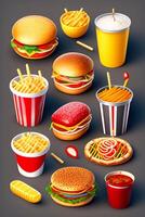 rápido comida icono colocar. hamburguesa, hamburguesa con queso, Hot dog, francés papas fritas, hamburguesa, pizza, cebolla anillos, tomate, cebolla anillos, cebolla anillos realista vector ilustración foto