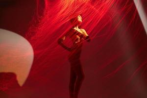 red neon lines light woman posing disco photo