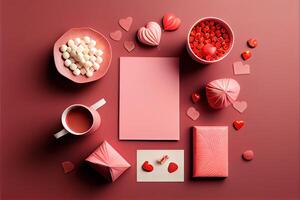 illustration of Valentine frame and banner. Red decoration. flat lay, romantic. Love and valentine day concept. Neural network generated art. Digitally generated image. photo