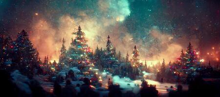 illustration of Abstract fantasy festive christmas tree background header wallpaper, winter abstract landscape. Christmas scene. Banner header. Digital art. photo