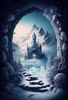 generativo ai ilustración de encantador invierno castillo en un mágico Nevado paisaje foto