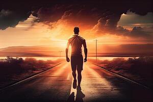 illustration of an athletic man walking on a deserted road into the sunset. The image is focused on the man's leg, which emphasizes his physical fitness and determination photo