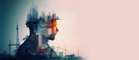 illustration of building construction engineering project devotion with double exposure design in head. Industrial and architecture. Neural network generated art. photo