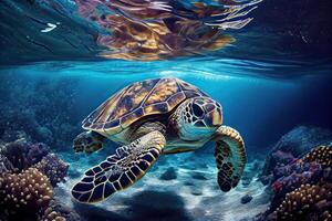 generativo ai ilustración de un mar Tortuga en cristal claro agua. increíble cristalino fondo del mar. arrecife lleno de vida foto