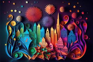 illustration of Photo paper cut quilling multidimensional paper cut, craft paper illustration, fireworks and beautiful city in new year eve, national day with colored lights, pop color.