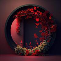 illustration of the beauty and creativity of circular flower arch that seems to float in mid-air. The arch is adorned with bright red flowers and dark, striking black foliage photo