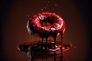 illustration of oil splatters, giant glistening doughnut, dark red candy apple, over top and dripping down sides, floating in black back drop. Digitally generated image photo