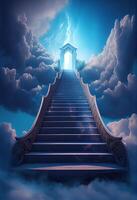 illustration of a stunning staircase that leads up to a heavenly realm. The stairs are illuminated with a soft, ethereal light, a misty, magical haze photo