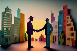 Business man in the city background, colorful. Business handshaking, successful concept. Paper cut craft, 3d paper illustration style. Neural network generated art. photo