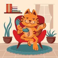 Orange Cat is Sitting on the Sofa Carrying a Phone vector