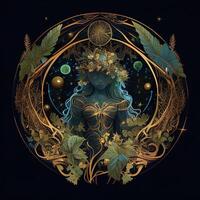 illustration of cyberpunk Zodiac sign with a forest growing on shoulders, galaxy, centered inside intricate gold circle of foliage photo