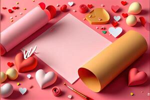 illustration of Valentine frame and banner. Red decoration. flat lay, romantic. Love and valentine day concept. Neural network generated art. Digitally generated image. photo