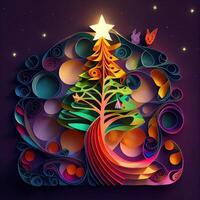 illustration of photo paper cut quilling multidimensional paper cut, craft paper illustration, christmas tree and colored lights vine stars, pop color. Neural network generated art.