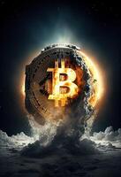 generativo ai ilustración de bitcoin a el luna, poco moneda logo y astronave foto