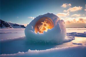 generativo ai ilustración de congelado bitcoin, frío y nieve. poco moneda símbolo en hielo y nieve foto